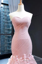 Pink Tulle Prom Dresses Sweetheart Mermaid Long Formal Dress with Ruffles,Wedding Prom Dresses