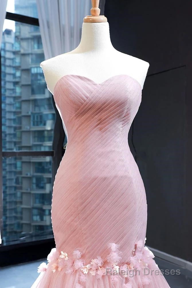 Pink Tulle Prom Dresses Sweetheart Mermaid Long Formal Dress with Ruffles,Wedding Prom Dresses