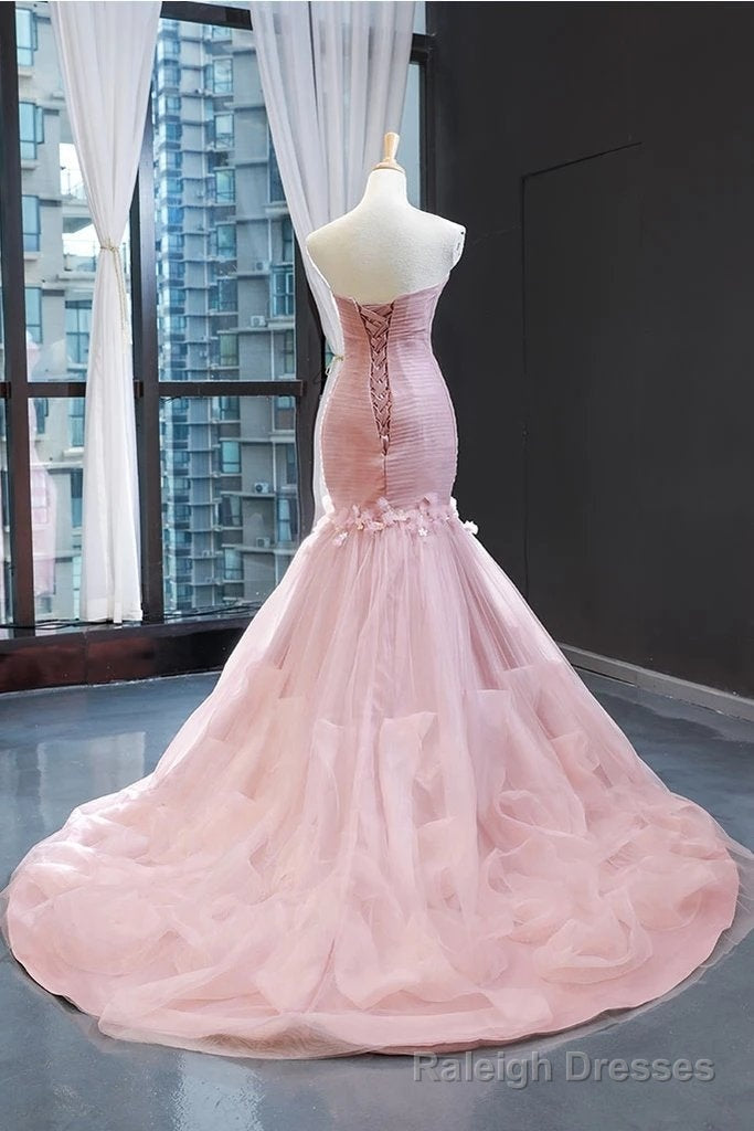 Pink Tulle Prom Dresses Sweetheart Mermaid Long Formal Dress with Ruffles,Wedding Prom Dresses