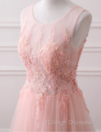 Pink Tulle Round Lace Applique Long Formal Dress, Pink Tulle Junior Prom Dress Party Dress