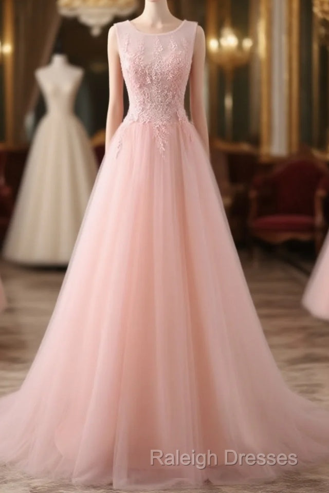 Pink Tulle Round Lace Applique Long Prom Dresses Pink Tulle Junior Prom Dresseses Main image