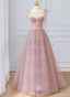 Pink Tulle Round Neckline A-line Party Dress, Pink Floor Length Evening Dress