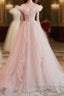 Pink Tulle Ruffles Off The Shoulder Long Prom Dress