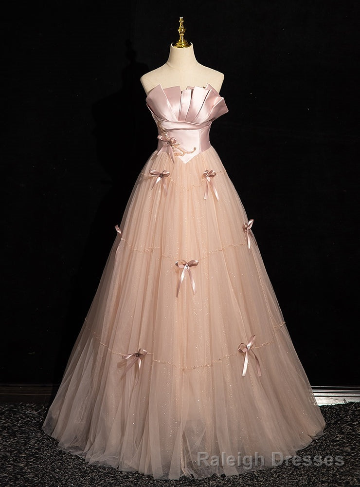 Pink Tulle Satin Strapless Beading Prom Dress Main image