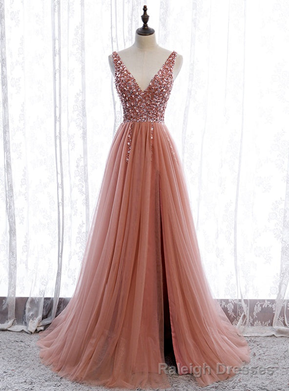Pink Tulle Seep V-neck Backless Beading Sequins Prom Dress Main image