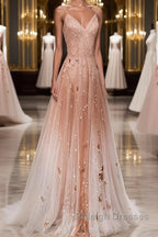 Pink tulle sequin beads long prom dress pink tulle formal dress