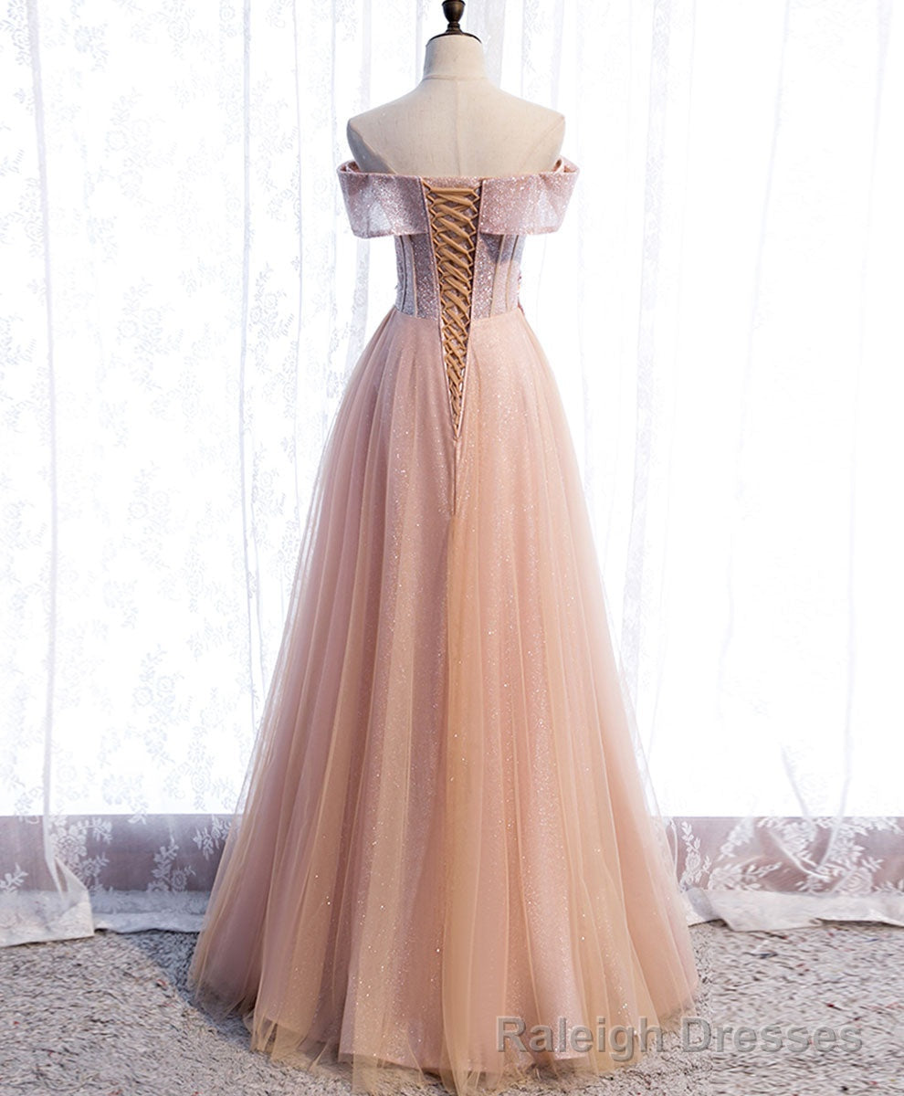 Pink Tulle Sequin Beads Long Prom Dress, Pink Tulle Formal Dresses Secondary image