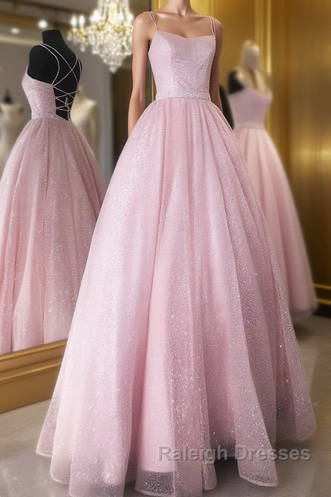 Pink tulle sequin long prom dress pink tulle formal dress Main image