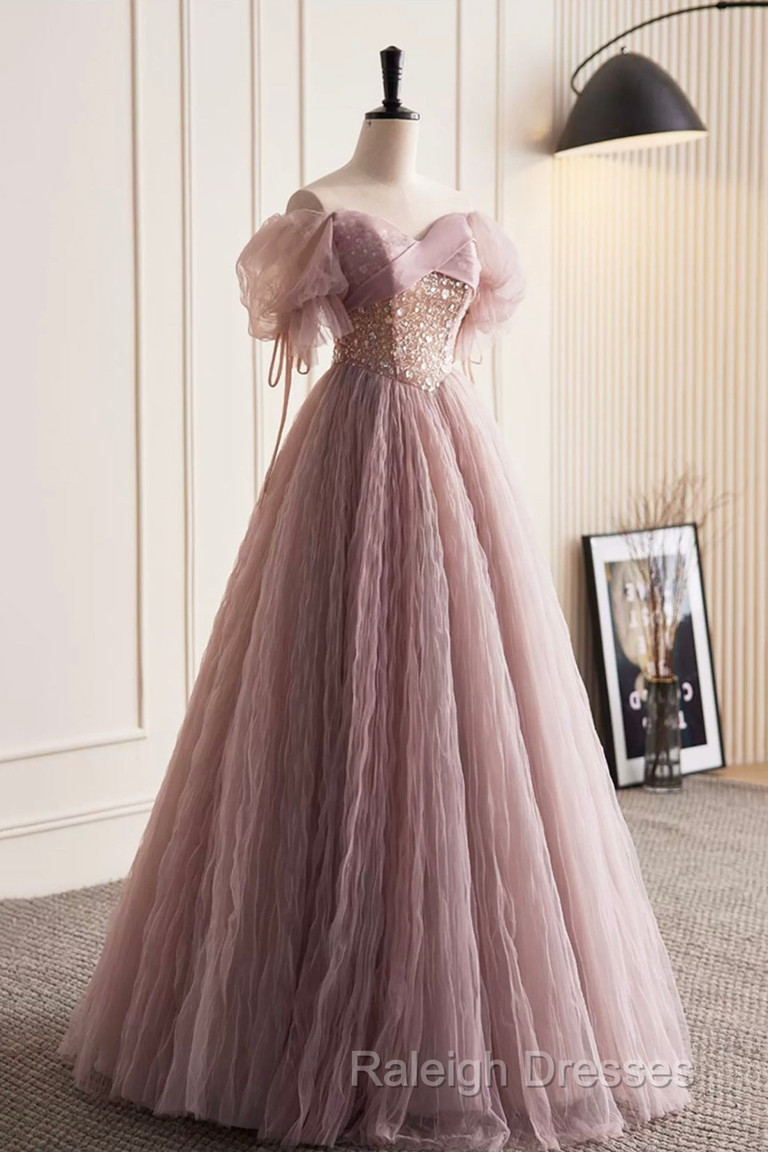 Pink Tulle Sequins Floor Length Prom Dress, Beautiful Off The Shoulder Evening Party Dress Secondary image
