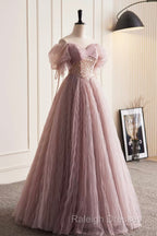Pink Tulle Sequins Floor Length Prom Dress, Beautiful Off The Shoulder Evening Party Dress
