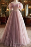 Pink Tulle Sequins Floor Length Prom Dress, Beautiful Off The Shoulder Evening Party Dress
