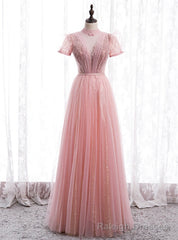 Pink Tulle Sequins High Neck Short Sleeve Beading Pleats Prom Dress