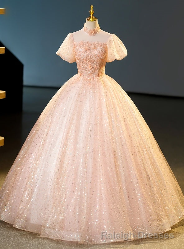 Pink Tulle Sequins High Neck Short Sleeve Quinceanera Dress Main image