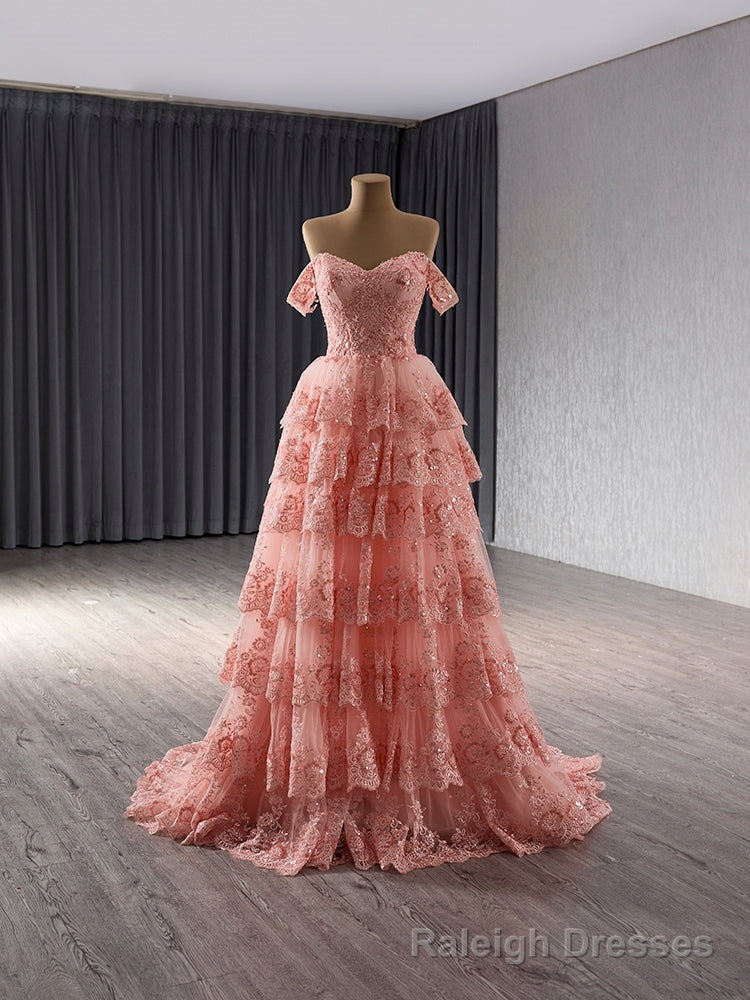 Pink Tulle Sequins Lace Appliques Tiers Prom Dress Main image