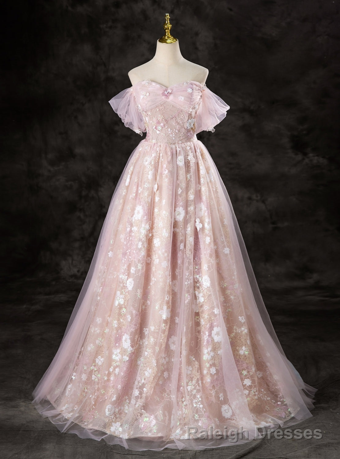 Pink Tulle Sequins Lace Off the Shoulder Prom Dress Main image
