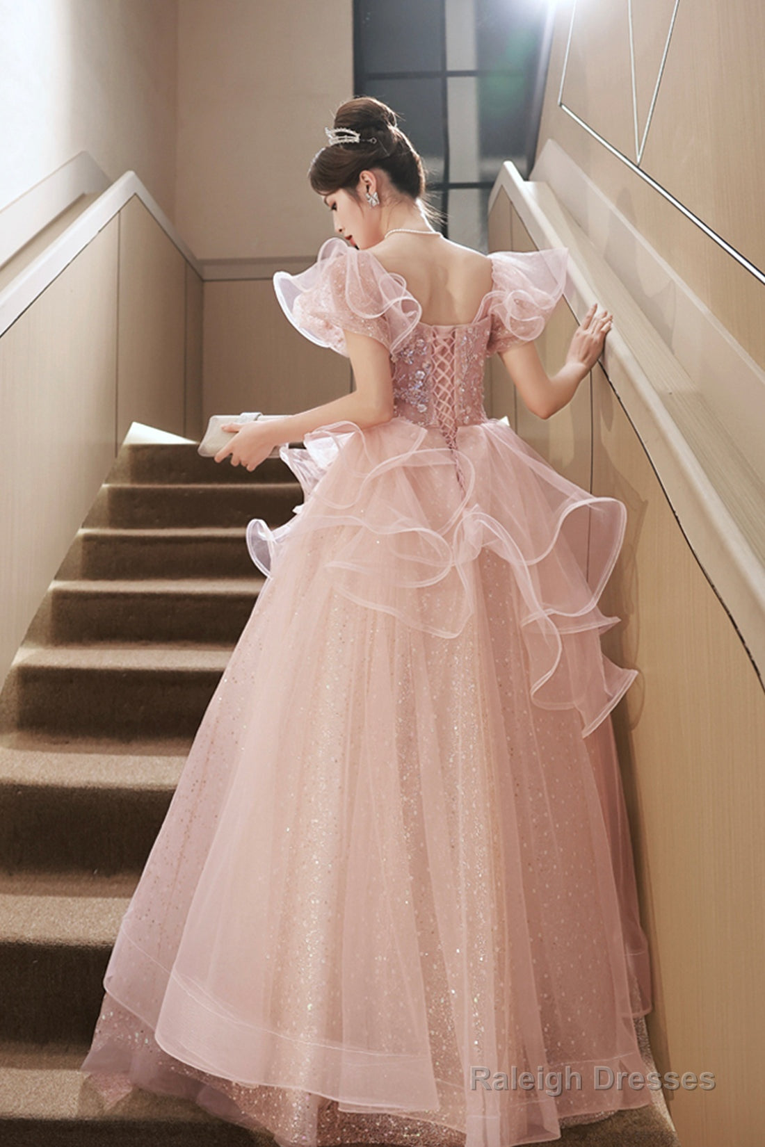 Pink Tulle Sequins Long Prom Dress Beautiful Short Sleeve Prom Dress Secondary image
