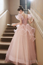 Pink Tulle Sequins Long Prom Dress Beautiful Short Sleeve Prom Dress