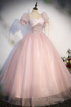 Pink Tulle Sequins Long Prom Dresses Lovely A-Line Short Sleeve Prom Dresses