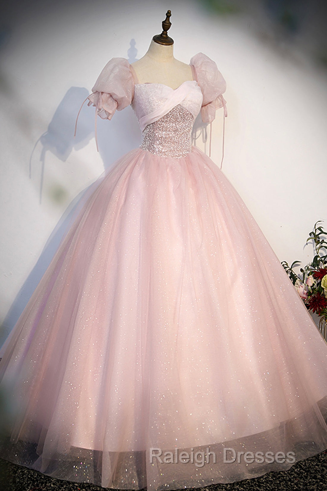 Pink Tulle Sequins Long Prom Dresses Lovely A-Line Short Sleeve Prom Dresses