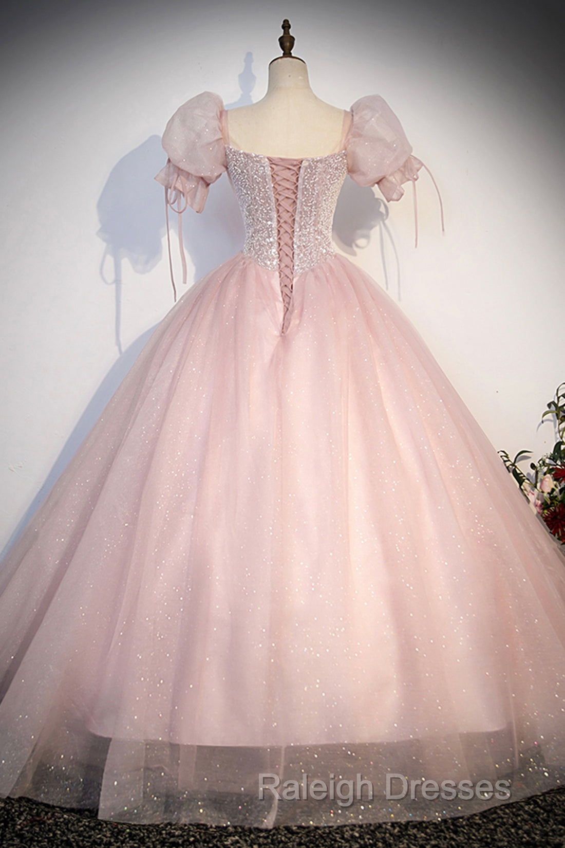 Pink Tulle Sequins Long Prom Dress, Lovely A-Line Short Sleeve Evening Party Dress