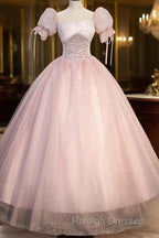 Pink Tulle Sequins Long Prom Dresses Lovely A-Line Short Sleeve Prom Dresses