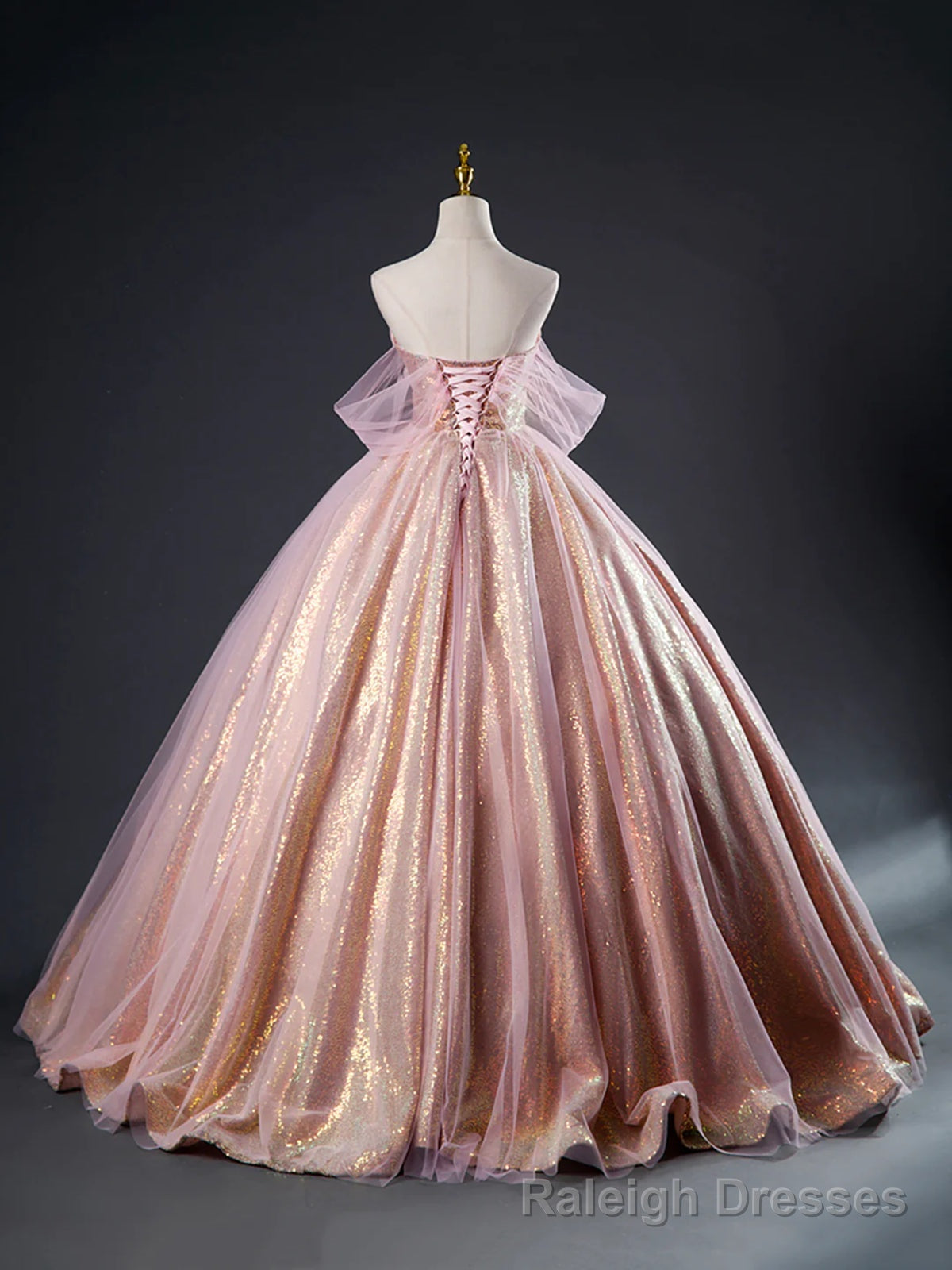 Pink Tulle Sequins Long Prom Dress, Pink Tulle Long Formal Prom Gown
