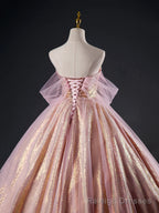 Pink Tulle Sequins Long Prom Dress, Pink Tulle Long Formal Evening Gowns