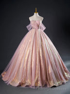 Pink Tulle Sequins Long Prom Dress, Pink Tulle Long Formal Prom Gown