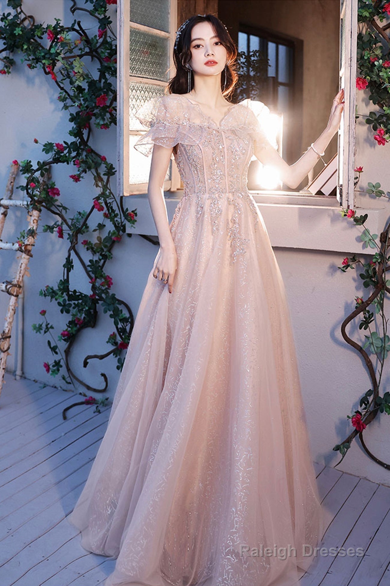 Pink Tulle Sequins Long Prom Dresses, Lovely A-Line Evening Graduation Dresses Secondary image