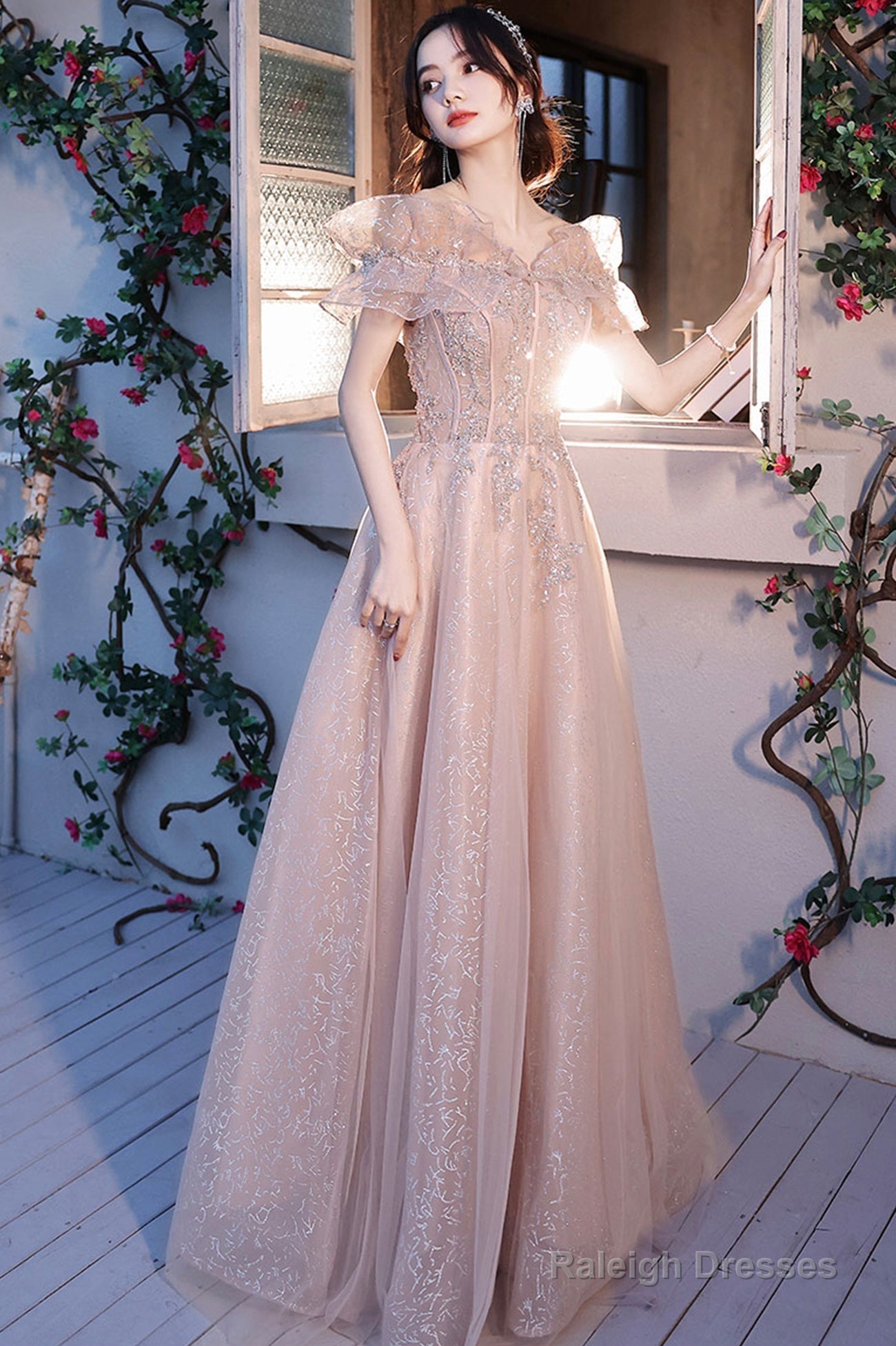 Pink Tulle Sequins Long Prom Dresses, Lovely A-Line Evening Graduation Dresses