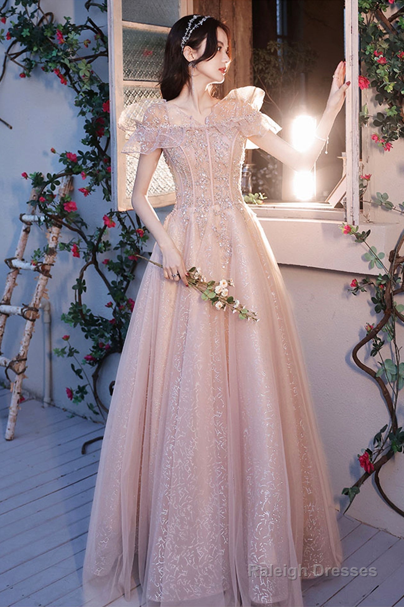 Pink Tulle Sequins Long Prom Dresses, Lovely A-Line Evening Graduation Dresses