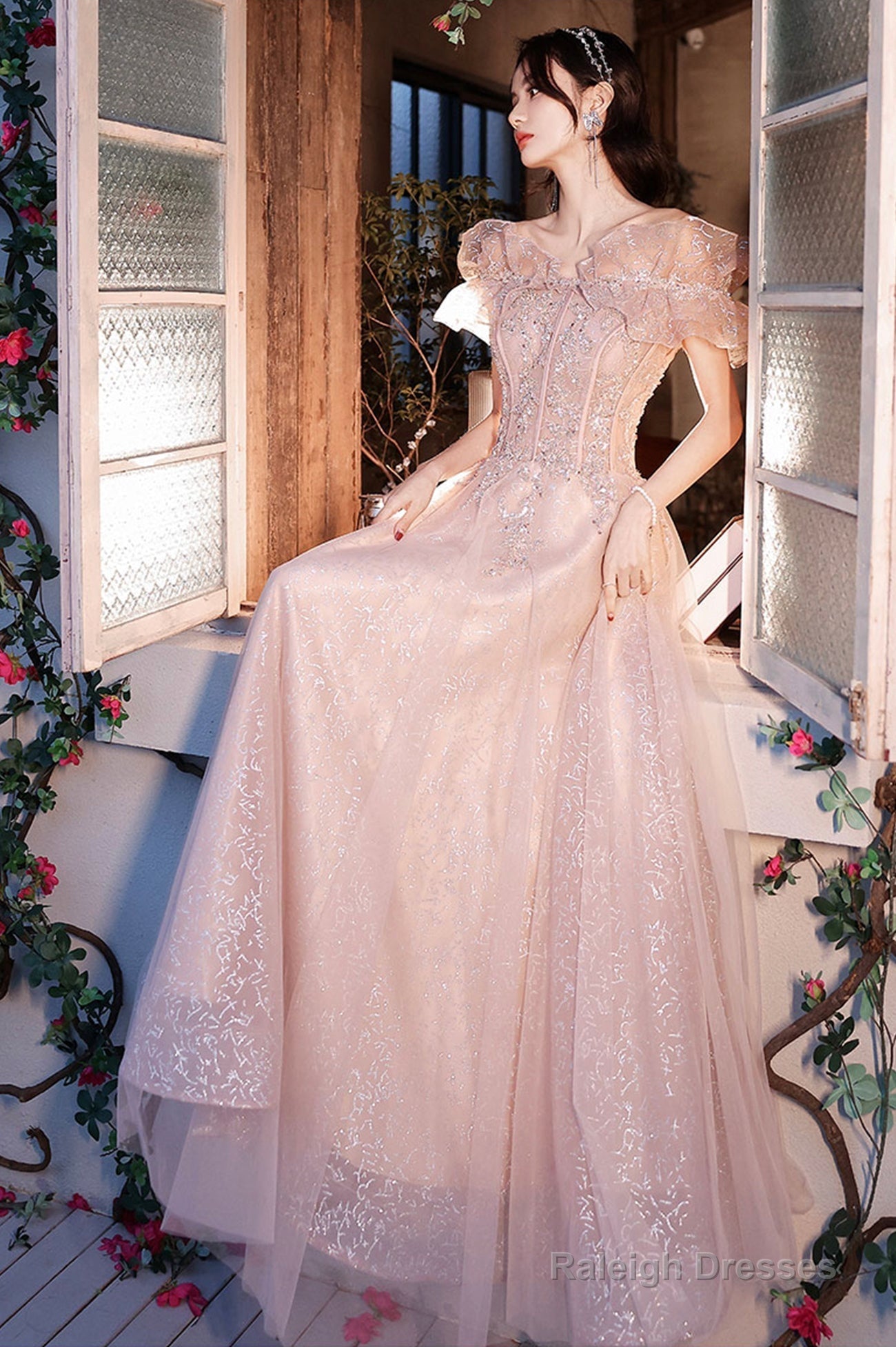 Pink Tulle Sequins Long Prom Dresses, Lovely A-Line Evening Graduation Dresses