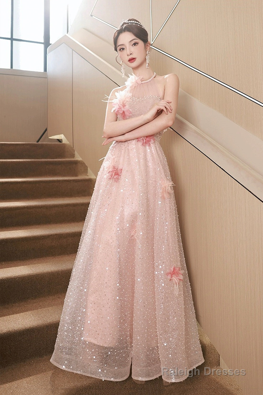 Pink Tulle Sequins Long Prom Dresses, Pink Off Shoulder Evening Dresses