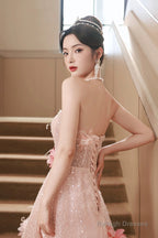 Pink Tulle Sequins Long Prom Dresses, Pink Off Shoulder Evening Dresses