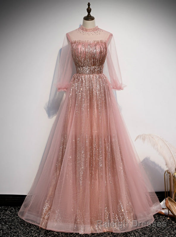 Pink Tulle Sequins Long Sleeve Backless Prom Dress Main image