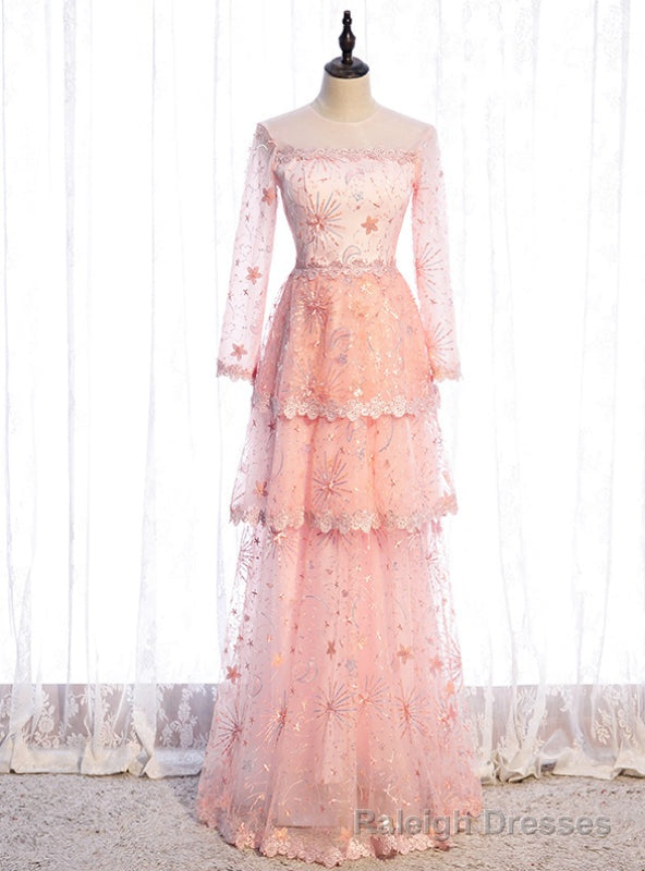 Pink Tulle Sequins Long Sleeve Tiers Prom Dress Main image