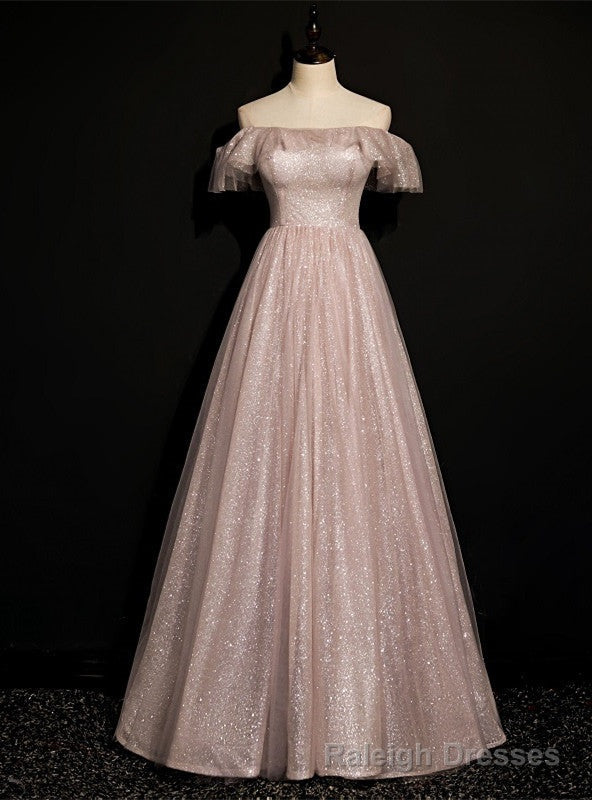 Pink Tulle Sequins Off the Shoulder Long Prom Dress Main image