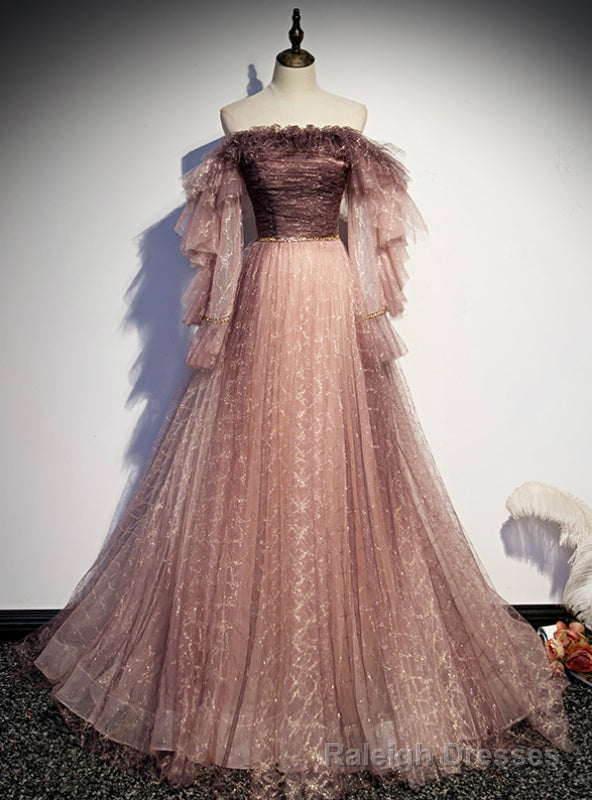 Pink Tulle Sequins Off the Shoulder Long Sleeve Prom Dress Main image