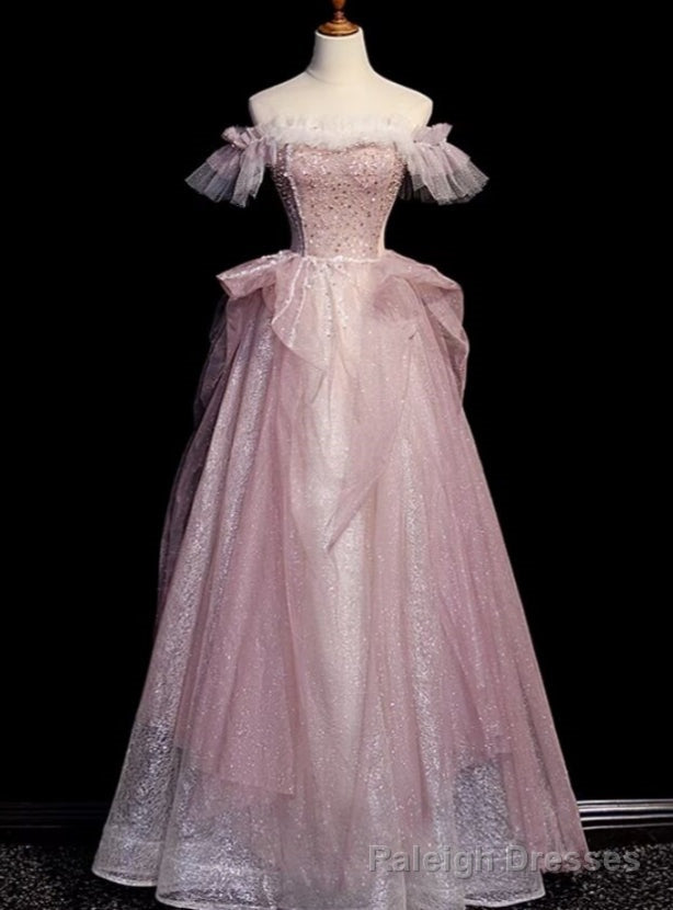 Pink Tulle Sequins Pearls Off the Shoulder Prom Dress Main image