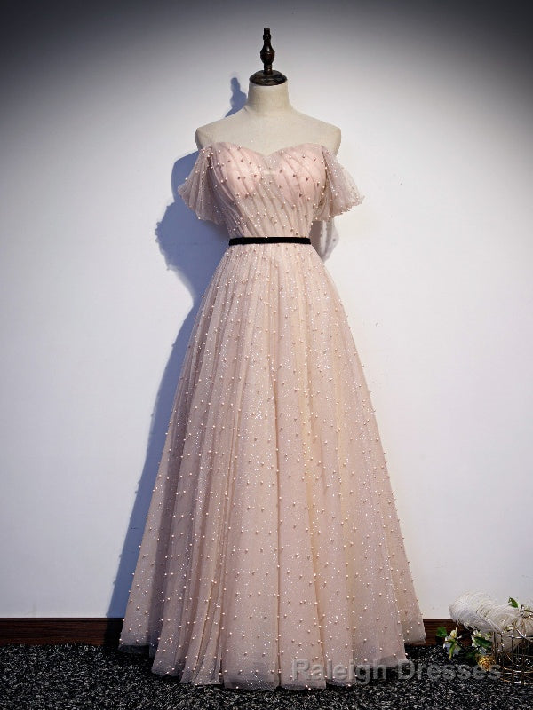 Pink Tulle Sequins Pearls Pleats Prom Dress Main image