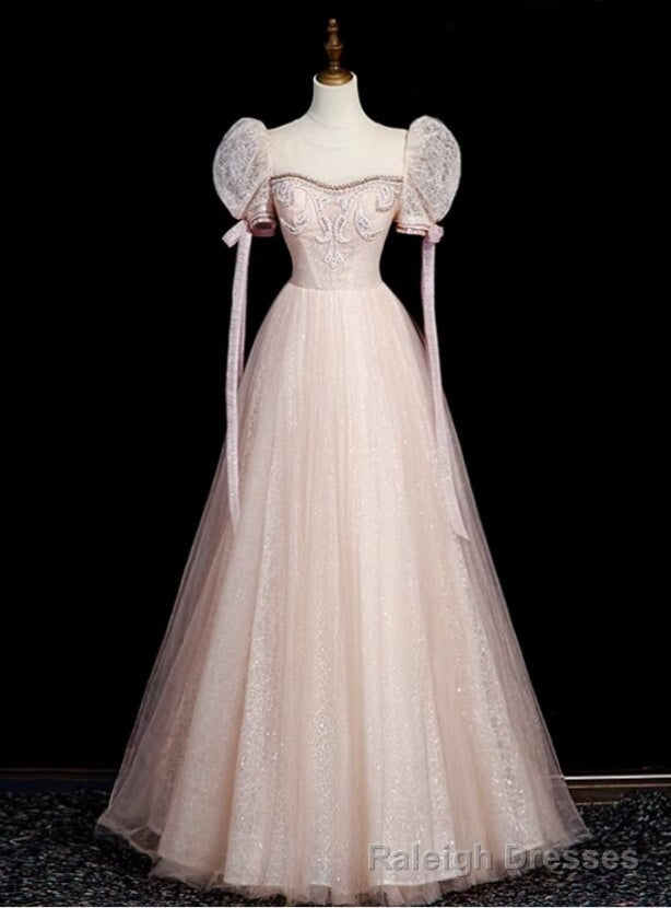 Pink Tulle Sequins Puff Sleeve Beading Prom Dress Main image