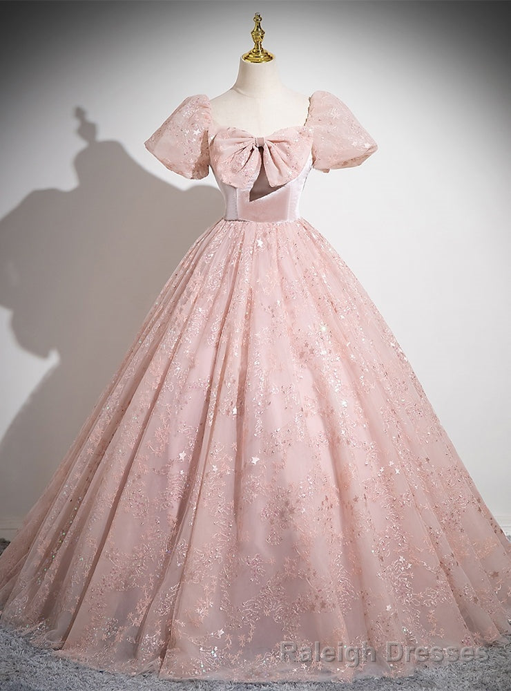 Pink Tulle Sequins Puff Sleeve Bow Quinceanera Dress Main image