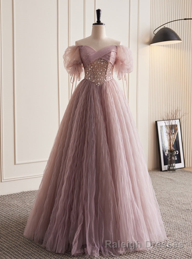 Pink Tulle Sequins Puff Sleeve Off the Shoulder Prom Dress Main image