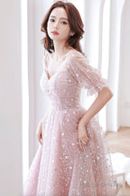 Pink Tulle Sequins Short A-Line Prom Dress, Cute Short Sleeve Evening Party Dress