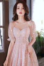Pink Tulle Sequins Short A-Line Prom Dress, Cute Short Sleeve Evening Party Dress