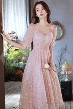 Pink Tulle Sequins Short A-Line Prom Dress, Cute Short Sleeve Evening Party Dress