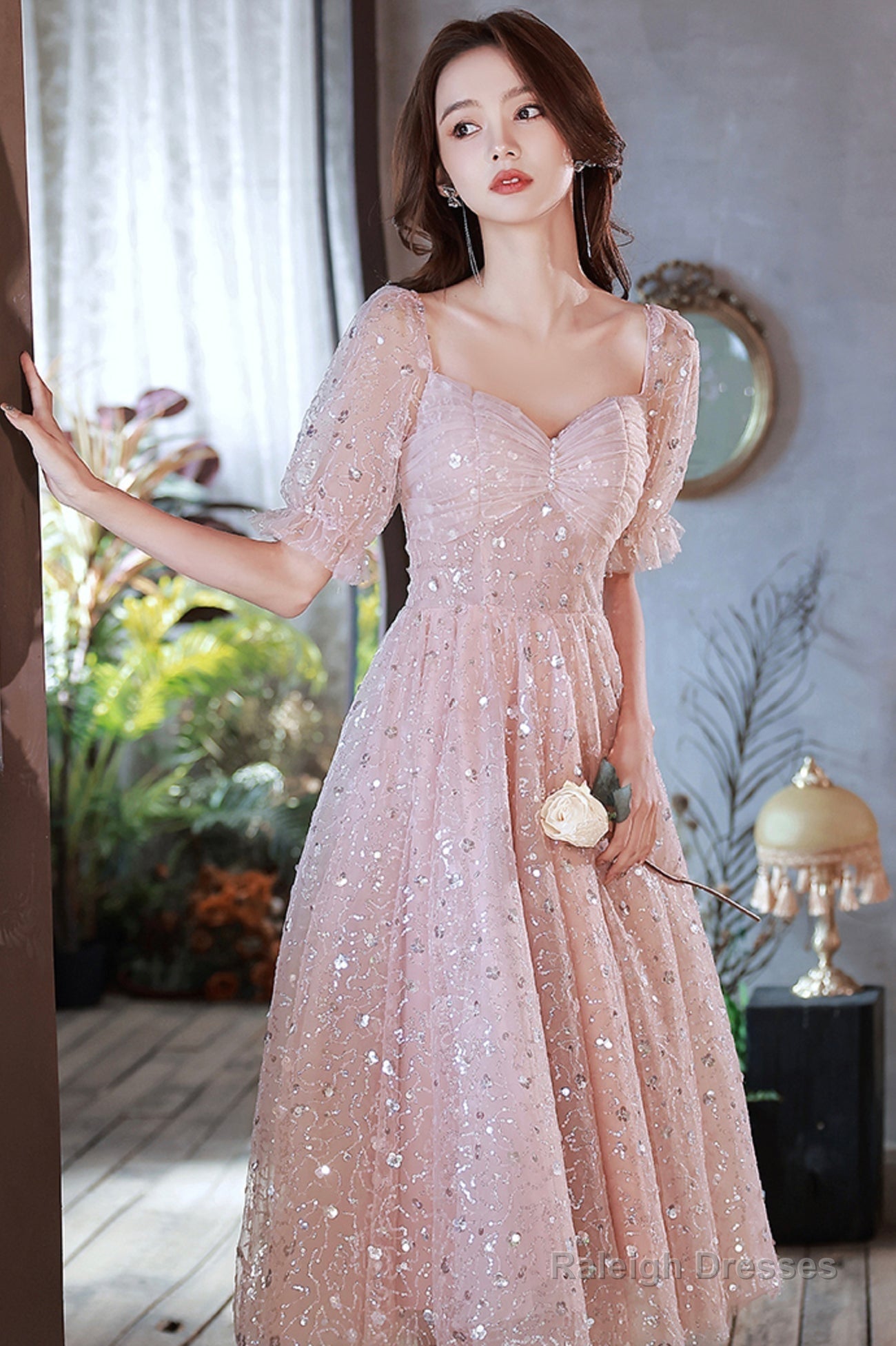 Pink Tulle Sequins Short A-Line Prom Dress, Cute Short Sleeve Evening Party Dress