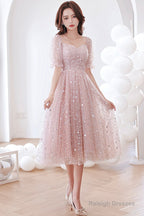 Pink Tulle Sequins Short A-Line Prom Dress, Cute Short Sleeve Evening Party Dress