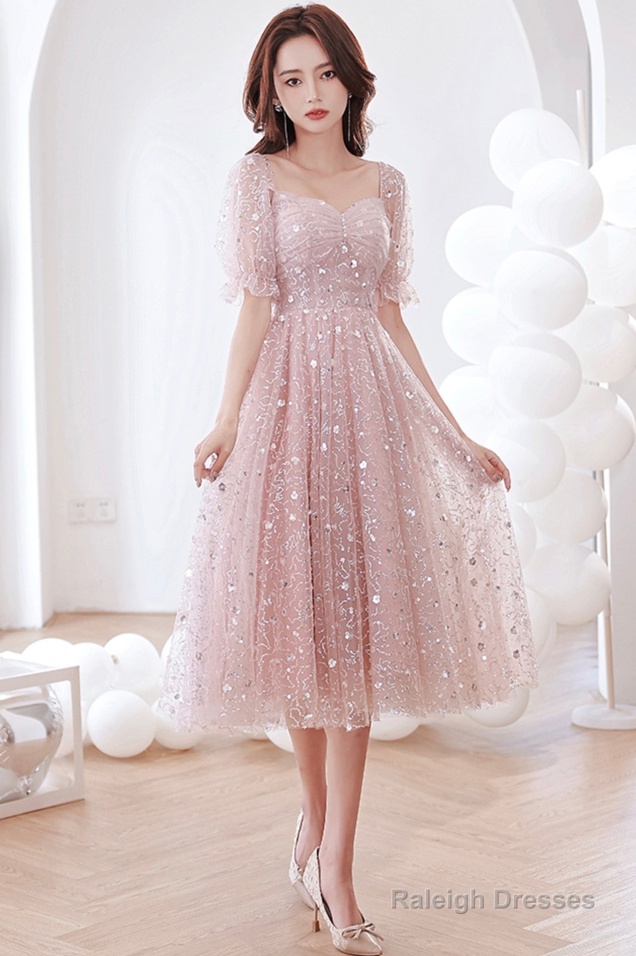 Pink Tulle Sequins Short A-Line Prom Dress, Cute Short Sleeve Evening Party Dress