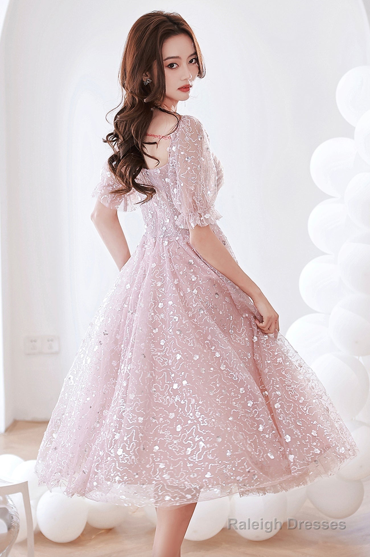 Pink Tulle Sequins Short A-Line Prom Dress, Cute Short Sleeve Evening Party Dress